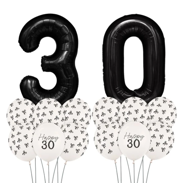 Zestaw balonów na 30 urodziny czarno-biały z kokardkami