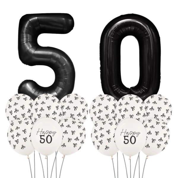 Zestaw balonów na 50 urodziny czarno-biały z kokardkami