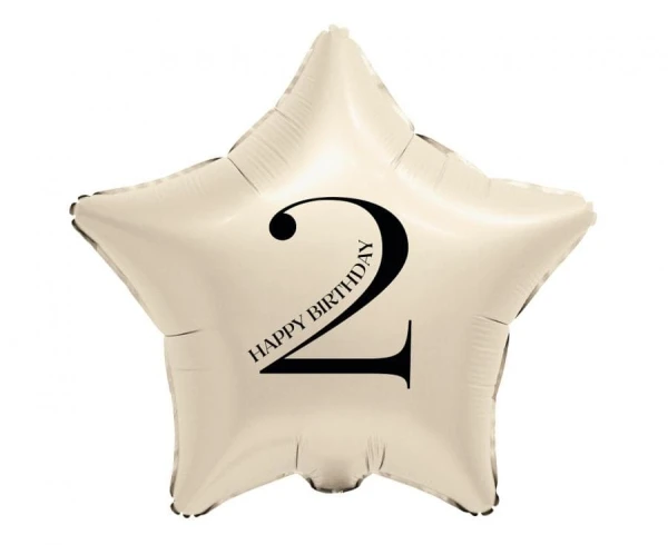 Balon foliowy gwiazda kremowa Happy Birthday cyfra 2, 45 cm