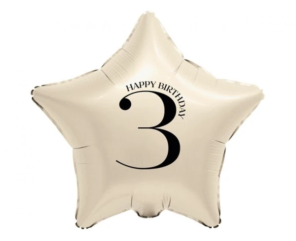Balon foliowy gwiazda kremowa Happy Birthday cyfra 3, 45 cm