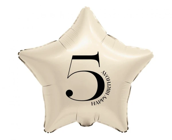 Balon foliowy gwiazda kremowa Happy Birthday cyfra 5, 45 cm