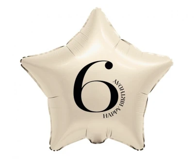 Balon foliowy gwiazda kremowa Happy Birthday cyfra 6, 45 cm