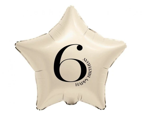 Balon foliowy gwiazda kremowa Happy Birthday cyfra 6, 45 cm