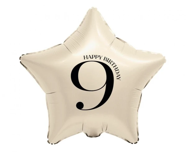 Balon foliowy gwiazda kremowa Happy Birthday cyfra 9, 45 cm