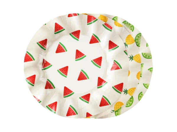 Talerzyki papierowe Owoce Arbuzy Ananasy Limonki, 20 cm 6 szt.