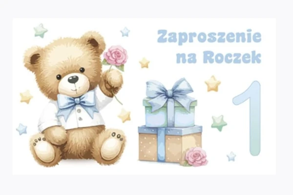 Zaproszenia urodzinowe roczek 1 urodziny z misiem niebieskie, 10 szt.