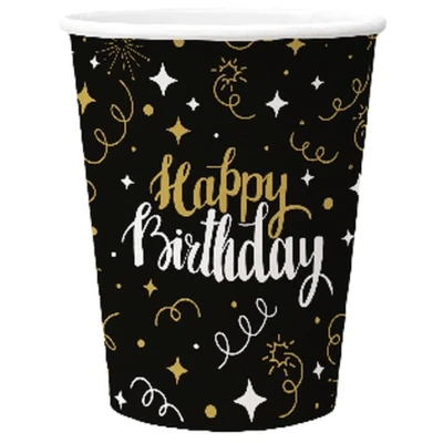 Kubeczki papierowe Happy Birthday czarne z serpentynami, 8 szt.