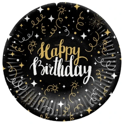 Talerzyki papierowe Happy Birthday czarne z serpentynami, 18 cm 8 szt.