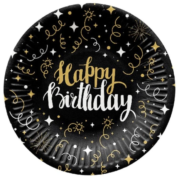 Talerzyki papierowe Happy Birthday czarne z serpentynami, 18 cm 8 szt.