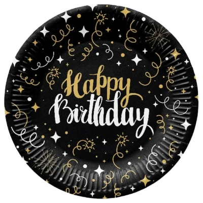 Talerzyki papierowe Happy Birthday czarne z serpentynami, 23 cm 8 szt. 