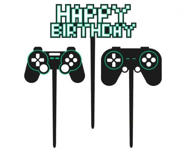 Topper na tort Happy Birthday kontrolery gamer, czarny