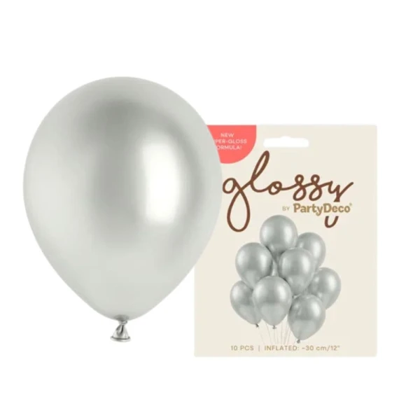 Balony metaliczne glossy srebrne, 30 cm 10 szt.
