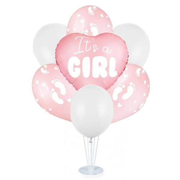 Zestaw balonów na stojaku różowy It's a Girl stópki