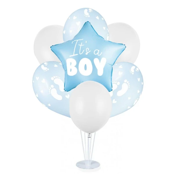 Zestaw balonów na stojaku niebieski It's a Boy stópki