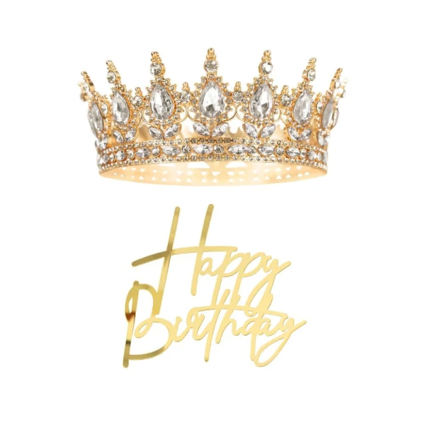 Zestaw dekoracji na tort - korona, złoty topper Happy Birthday