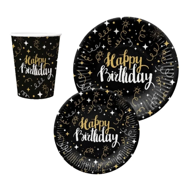 Zestaw zastawy Happy Birthday czarna w złote konfetti - kubeczki, talerzyki