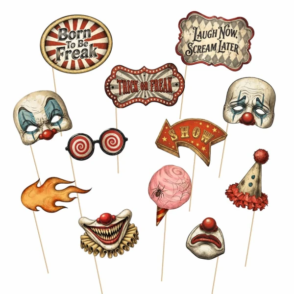 Akcesoria rekwizyty gadżety do zdjęć Freak Show Cyrk Halloween, 12 szt.