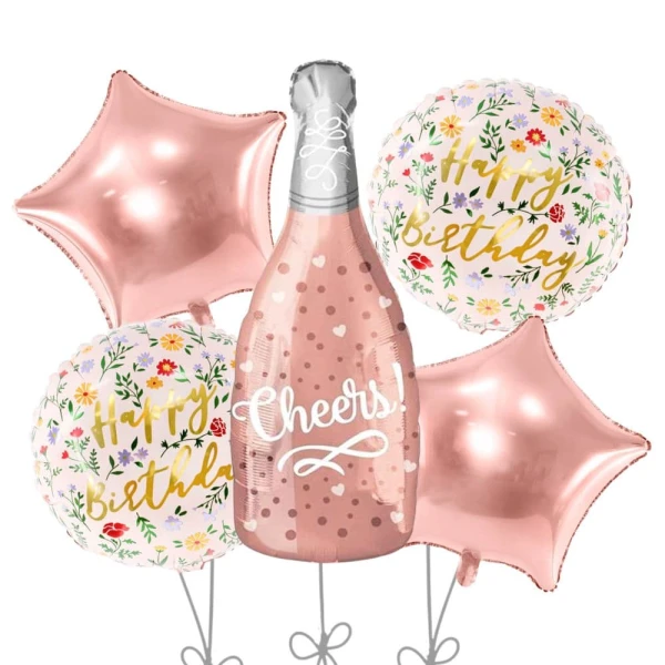 Zestaw balonów urodzinowych kwiaty szampan rose gold