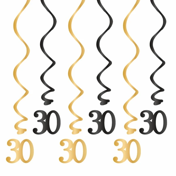 Dekoracja wisząca świderki 30 urodziny czarno-złote, 6 szt.