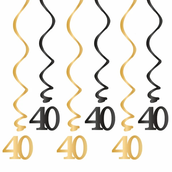 Dekoracja wisząca świderki 40 urodziny czarno-złote, 6 szt.