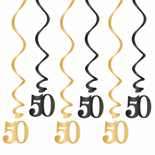 Dekoracja wisząca świderki 50 urodziny czarno-złote, 6 szt.