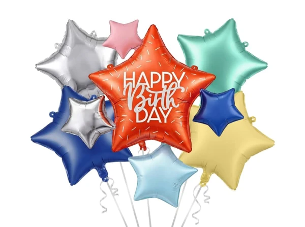 Zestaw balonów foliowych Gwiazdki Happy Birthday kolorowy