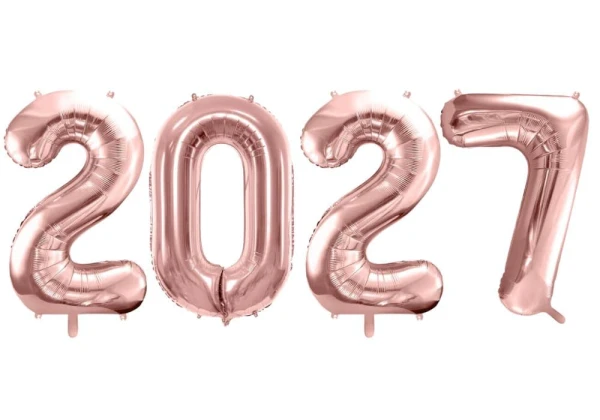 Balony foliowe na sylwestra rok 2027, 86 cm różowe złoto