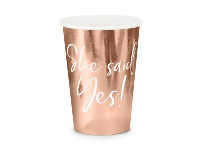 Kubeczki papierowe różowe złoto She said yes! na wieczór panieński, 6 szt.