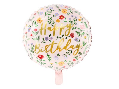 Balon foliowy okrągły w kwiaty Happy Birthday, 45 cm