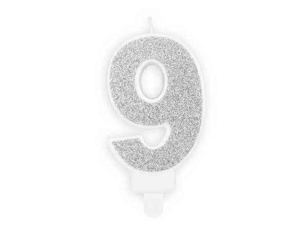 Świeczka urodzinowa cyfra 9 srebrna, 7 cm