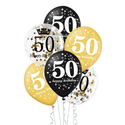Balony 50 urodziny złote czarne konfetti zestaw balonów, 30 cm 6 szt.