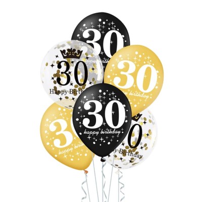 Balony 30 urodziny złote czarne konfetti zestaw balonów, 30 cm 6 szt.