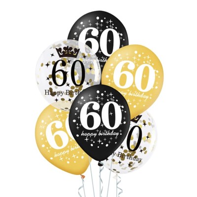 Balony 60 urodziny złote czarne konfetti zestaw balonów, 30 cm 6 szt.