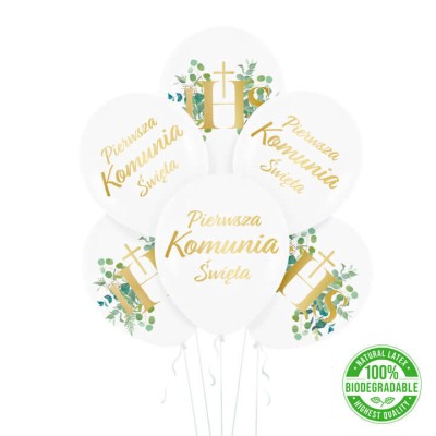 Balony lateksowe Komunia Święta IHS eukaliptus 30 cm 6 szt.