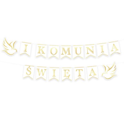 Baner komunijny I Komunia Święta biało złoty 250 cm