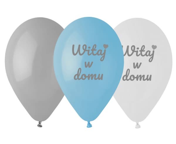 Balony lateksowe Witaj w Domu niebieskie szare białe, 30 cm 6 szt.