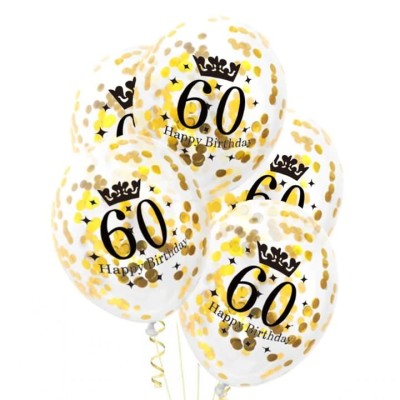 Balony przezroczyste ze złotym konfetti 60 urodziny, 30 cm 3 szt.
