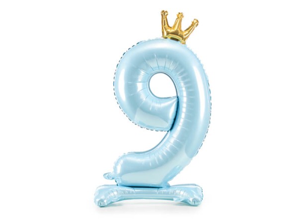 Stojący balon cyfra 9 z koroną niebieski, 84 cm