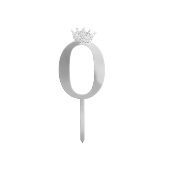 Topper na tort cyfra "0" z koroną, srebrny