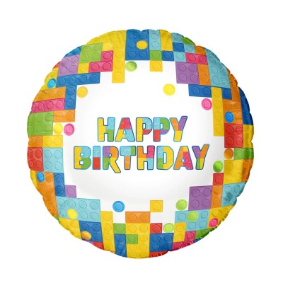 Balon foliowy Happy Birthday Klocki okrągły, 45 cm