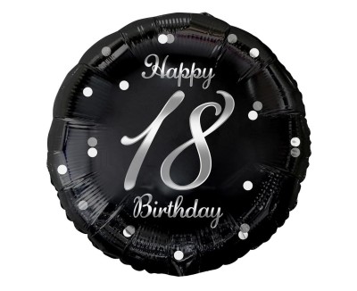 Balon foliowy 18 urodziny Happy Birthday czarny srebrny napis, 45 cm
