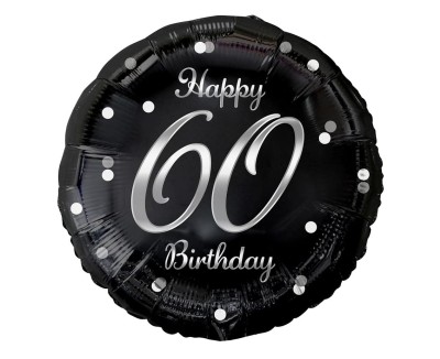 Balon foliowy 60 urodziny Happy Birthday czarny srebrny napis, 45 cm