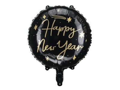 Balon foliowy Happy New Year okrągły czarny, 45 cm
