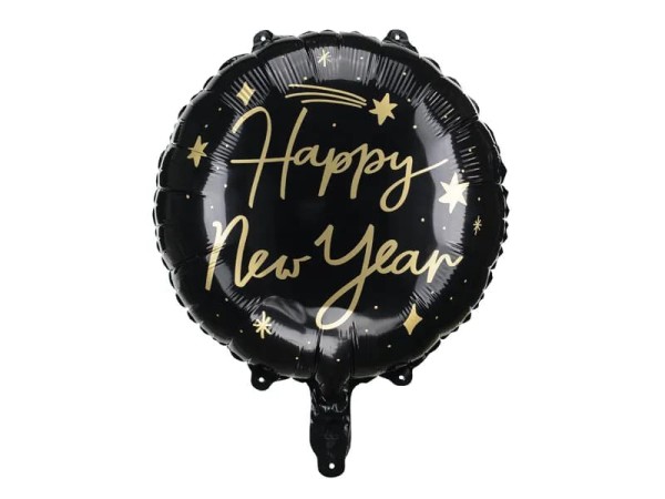 Balon foliowy Happy New Year okrągły czarny, 45 cm
