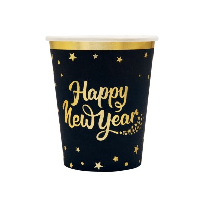 Kubeczki papierowe Happy New Year sylwestrowe czarno-złote, 6 szt.