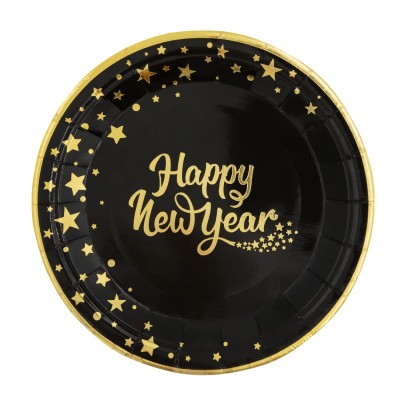 Talerzyki papierowe na sylwestra Happy New Year czarno-złote, 18 cm 6 szt.