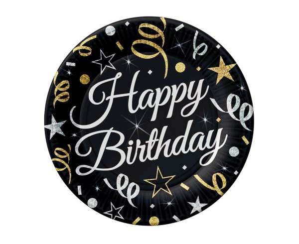 Talerzyki papierowe Happy Birthday czarne, 18 cm 6 szt.