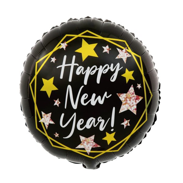 Balon foliowy okrągły Happy New Year czarny, 45 cm