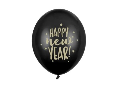 Balony lateksowe sylwestrowe Happy New Year czarne z gwiazdkami, 30 cm 3 szt.