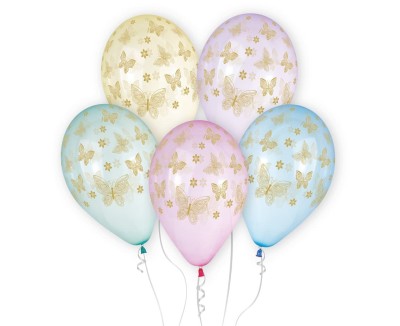 Balony lateksowe krystaliczne kolorowe Motyle złote, 5 szt.